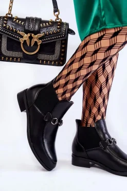 Skórzane Damskie Botki Płaskie Czarne Elin