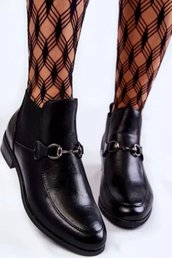 Skórzane Damskie Botki Płaskie Czarne Elin