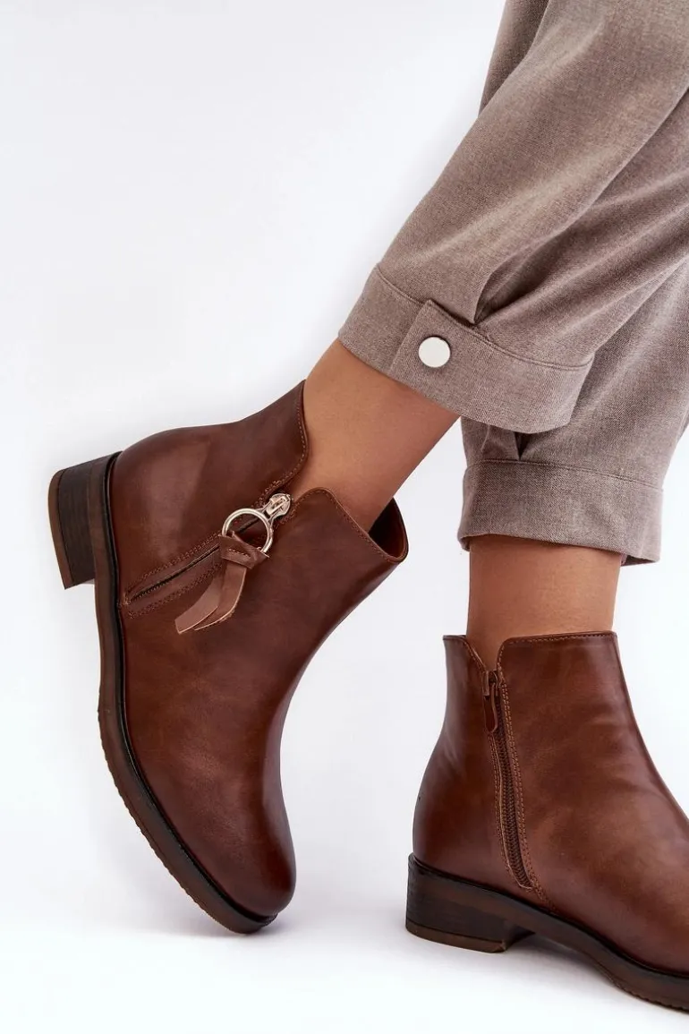 Skórzane Damskie Botki Płaskie Brązowe Vasica