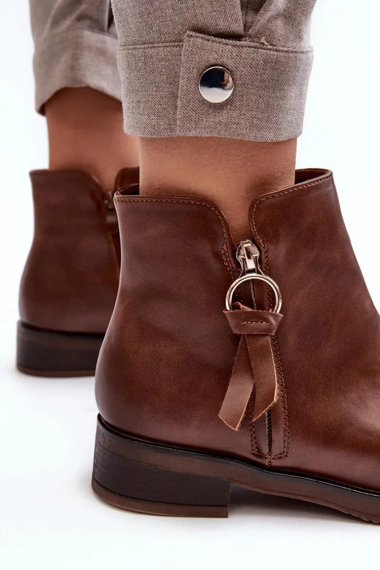 Skórzane Damskie Botki Płaskie Brązowe Vasica