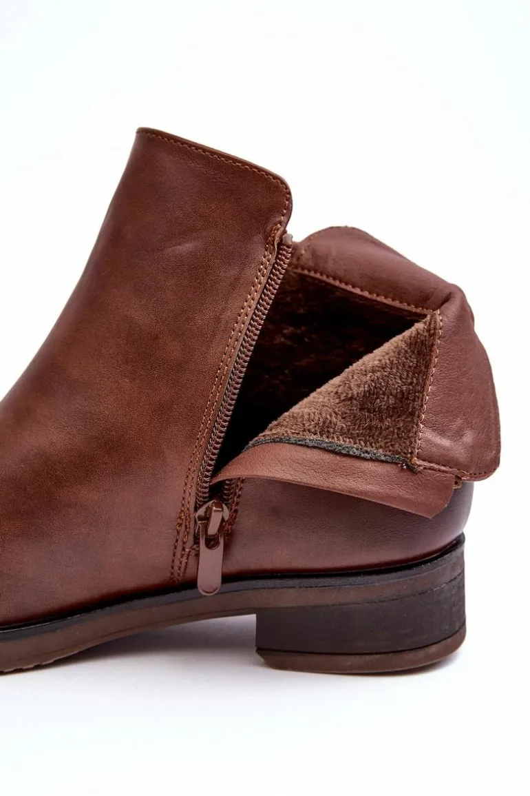 Skórzane Damskie Botki Płaskie Brązowe Vasica