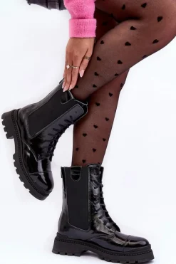 Skórzane Damskie Botki Workery Sznurowane Czarne Nicole 2836