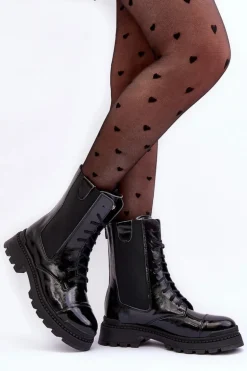 Skórzane Damskie Botki Workery Sznurowane Czarne Nicole 2836