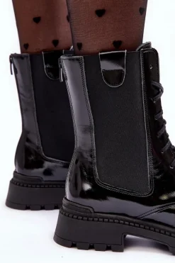 Skórzane Damskie Botki Workery Sznurowane Czarne Nicole 2836