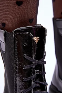 Skórzane Damskie Botki Workery Sznurowane Czarne Nicole 2836