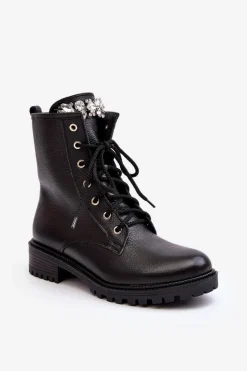 Skórzane Damskie Botki Workery Z Ozdobą Zazoo 1757 Czarne
