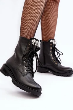 Skórzane Damskie Botki Workery Z Ozdobą Zazoo 1757 Czarne