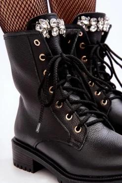 Skórzane Damskie Botki Workery Z Ozdobą Zazoo 1757 Czarne