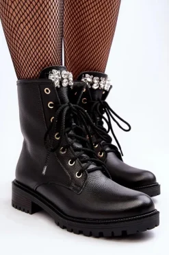 Skórzane Damskie Botki Workery Z Ozdobą Zazoo 1757 Czarne