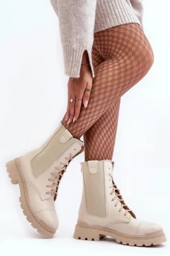 Skórzane Damskie Botki Workery Sznurowane Jasnobeżowe Nicole 2836