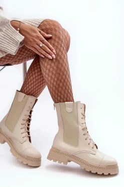 Skórzane Damskie Botki Workery Sznurowane Jasnobeżowe Nicole 2836