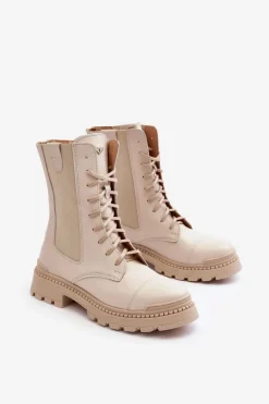 Skórzane Damskie Botki Workery Sznurowane Jasnobeżowe Nicole 2836