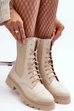 Skórzane Damskie Botki Workery Sznurowane Jasnobeżowe Nicole 2836