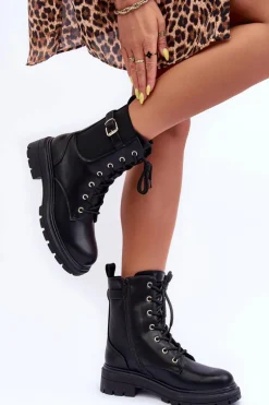 Skórzane Damskie Botki Workery Czarne Chrezy