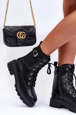 Skórzane Damskie Botki Workery Czarne Chrezy