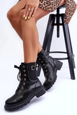 Skórzane Damskie Botki Workery Czarne Chrezy