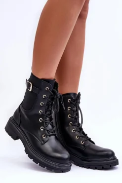 Skórzane Damskie Botki Workery Czarne Chrezy