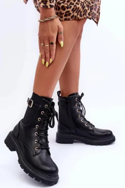 Skórzane Damskie Botki Workery Czarne Chrezy