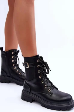 Skórzane Damskie Botki Workery Czarne Chrezy