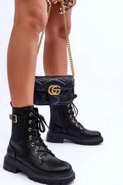 Skórzane Damskie Botki Workery Czarne Chrezy