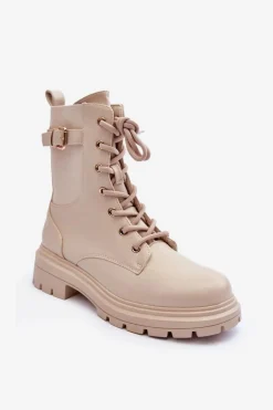Skórzane Damskie Botki Workery Beżowe Chrezy