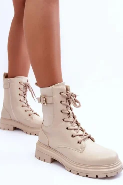 Skórzane Damskie Botki Workery Beżowe Chrezy