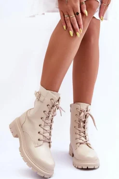 Skórzane Damskie Botki Workery Beżowe Chrezy