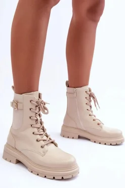 Skórzane Damskie Botki Workery Beżowe Chrezy