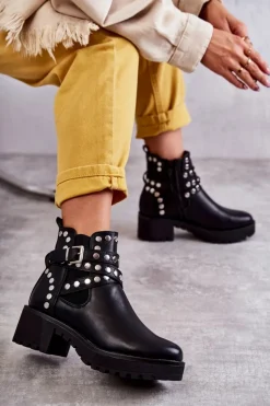 Skórzane Damskie Botki Z Ozdobnymi Ćwiekami Czarne Sanchez