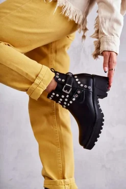 Skórzane Damskie Botki Z Ozdobnymi Ćwiekami Czarne Sanchez