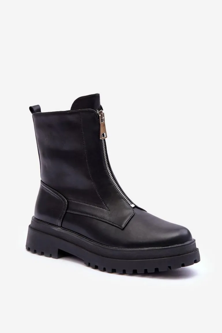 Skórzane Damskie Botki Z Suwakiem Czarne Chlorike