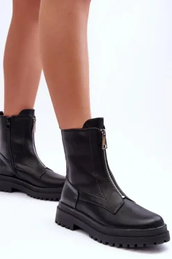 Skórzane Damskie Botki Z Suwakiem Czarne Chlorike