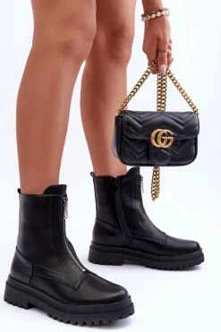 Skórzane Damskie Botki Z Suwakiem Czarne Chlorike