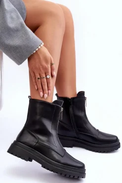 Skórzane Damskie Botki Z Suwakiem Czarne Chlorike