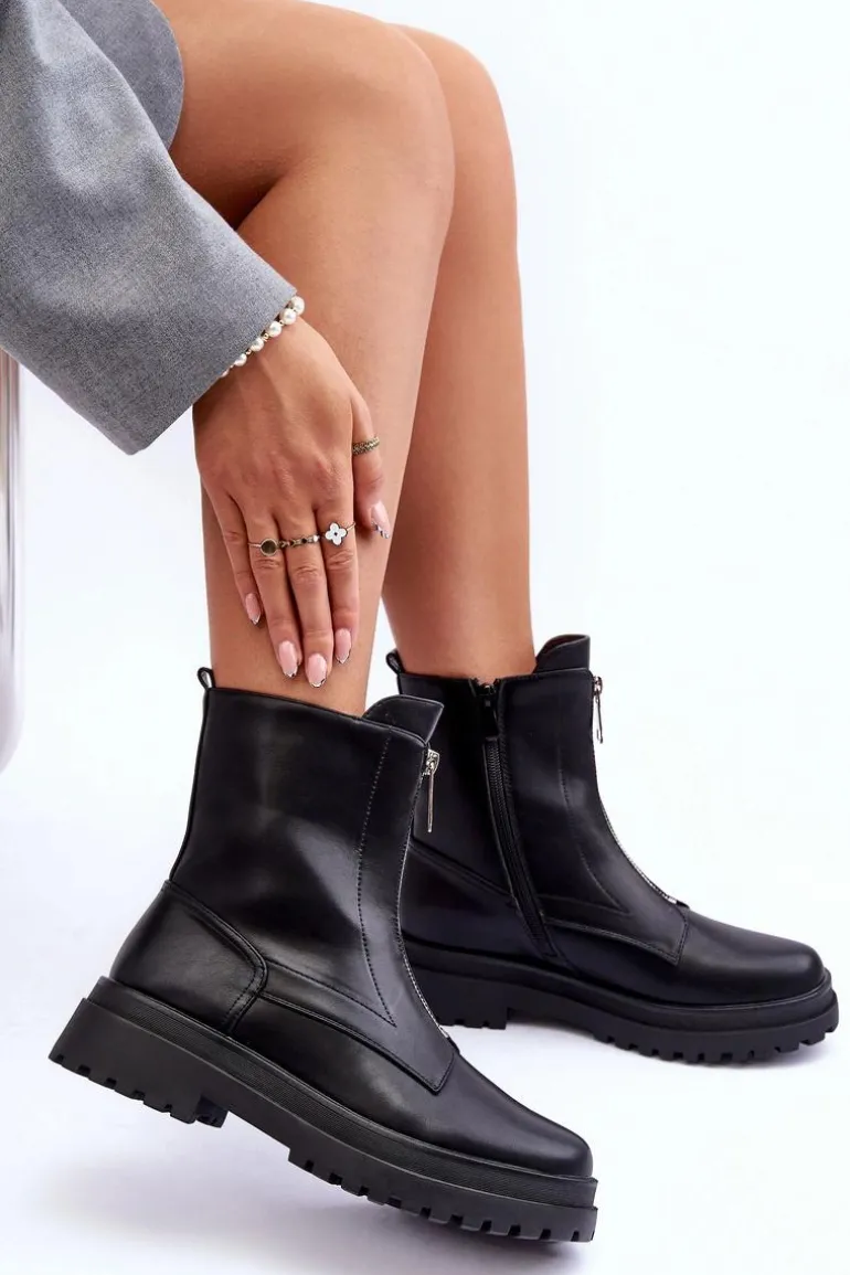 Skórzane Damskie Botki Z Suwakiem Czarne Chlorike