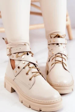 Skórzane Damskie Botki Z Wycięciami Jasnobeżowe Everly