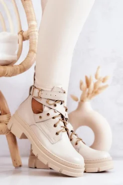 Skórzane Damskie Botki Z Wycięciami Jasnobeżowe Everly