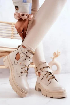 Skórzane Damskie Botki Z Wycięciami Jasnobeżowe Everly