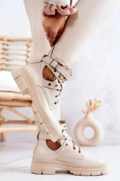 Skórzane Damskie Botki Z Wycięciami Jasnobeżowe Everly