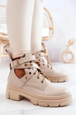 Skórzane Damskie Botki Z Wycięciami Jasnobeżowe Everly