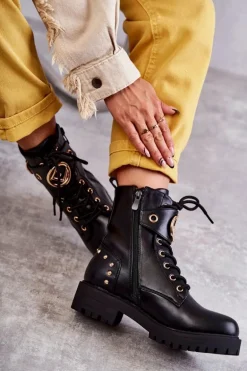 Skórzane Damskie Botki Z Ćwiekami Czarne Leticia