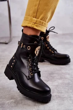 Skórzane Damskie Botki Z Ćwiekami Czarne Leticia