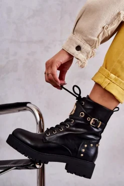 Skórzane Damskie Botki Z Ćwiekami Czarne Leticia