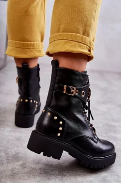 Skórzane Damskie Botki Z Ćwiekami Czarne Leticia