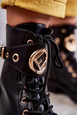 Skórzane Damskie Botki Z Ćwiekami Czarne Leticia