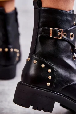 Skórzane Damskie Botki Z Ćwiekami Czarne Leticia