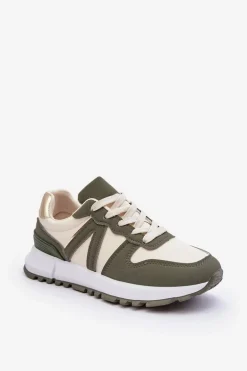 Skórzane Damskie Buty Sportowe Zielono-Beżowe Kabama