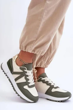 Skórzane Damskie Buty Sportowe Zielono-Beżowe Kabama