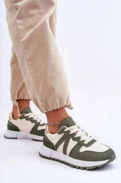 Skórzane Damskie Buty Sportowe Zielono-Beżowe Kabama