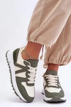 Skórzane Damskie Buty Sportowe Zielono-Beżowe Kabama